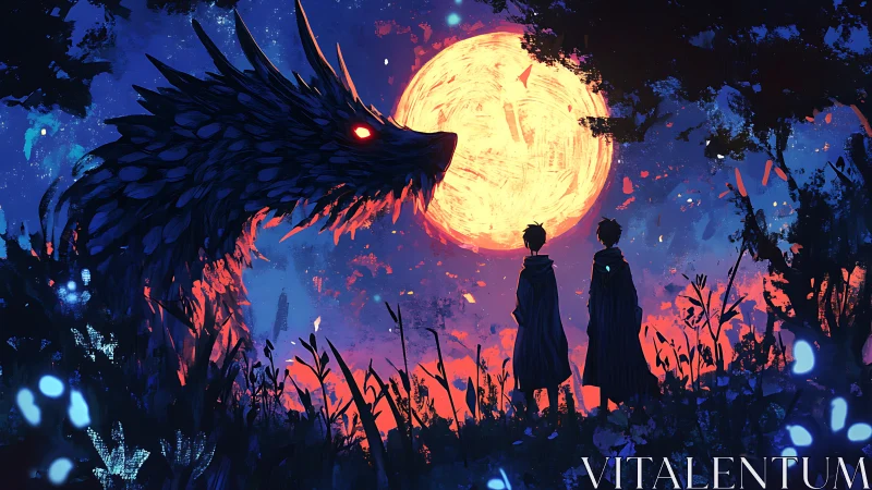 Moonlit dragon silhouette confronts cloaked wanderers.