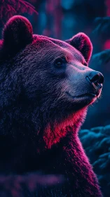 Neon-lit bear gazes through a dreamy cyber forest night.