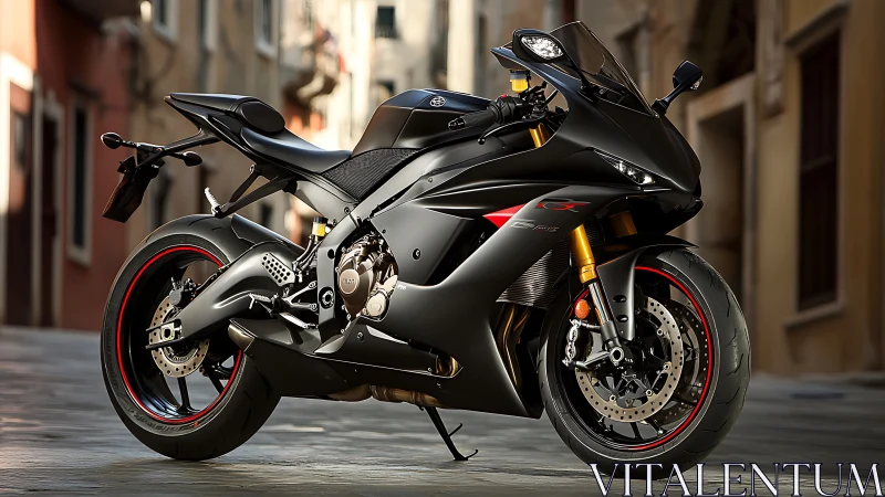 Stealth black supersport motorcycle in sunlit urban alley.