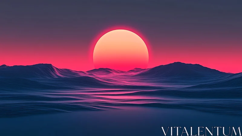 Radiant neon sun sinks gently into serene digital waves