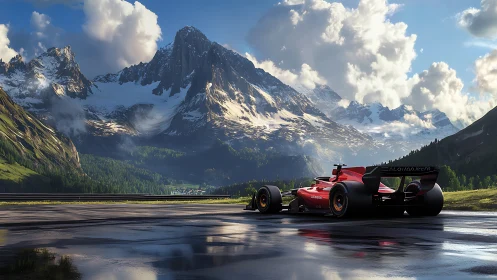 Red Formula car on wet mountain track at scenic valley.