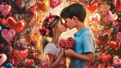 First Kiss Blossoms: Young Love Adorned in Crimson Sparkle.