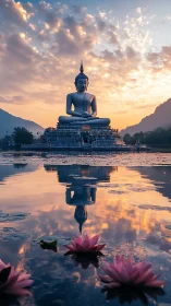 Large seated Buddha statue overlooks lotus pond at sunrise