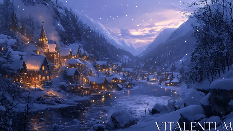 Snowy mountain village at dusk with warm glowing lights.