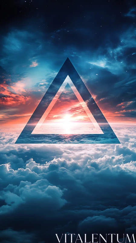 Dreamy triangle gateway hovering above glowing clouds.