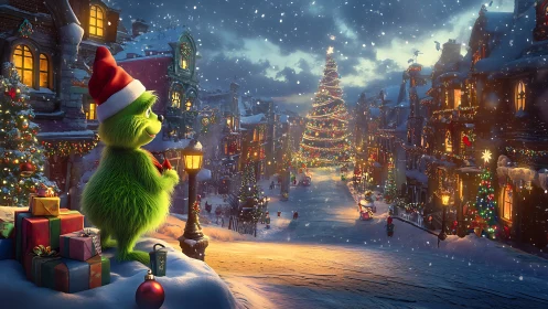 Green creature admires glowing Christmas tree in snowy town