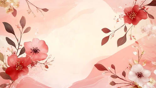 Floral composition with pink and red flowers on gradient background.