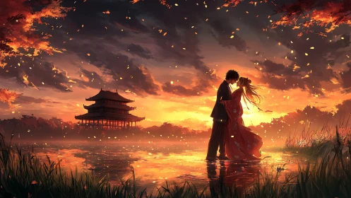 Sunset sparks whirl around lovers on a mirrored autumn lake