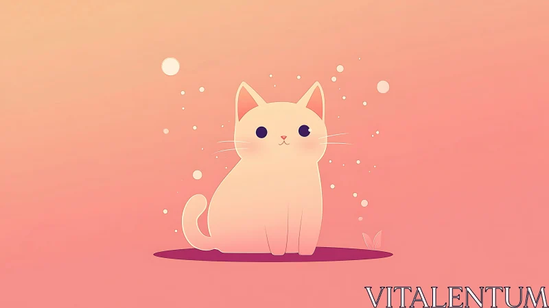 Illustration of Seated White Cat Against Gradient Pink Background