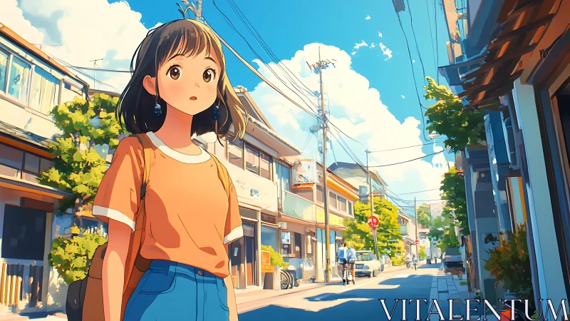 Sunlit urban street portrait in warm anime color palette.