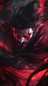 Vengeful dark mage portrait with glowing red eyes and cloak