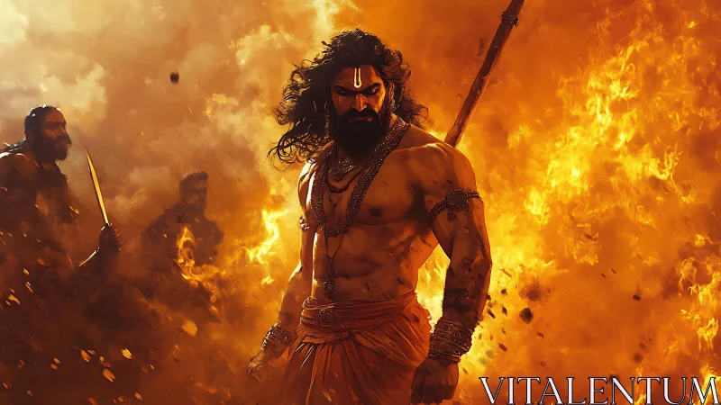 Fire-forged warrior strides through storming embers of war.