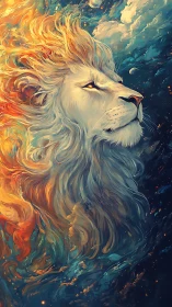 Majestic cosmic lion gazes upward through swirling starlight