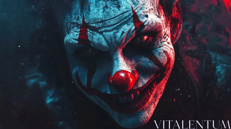 Digital painting portrait of sinister horror clown in split lighting.