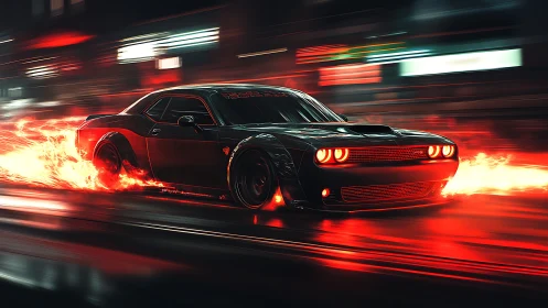 Muscle car night sprint with blazing neon red light trails.