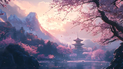 Cherry blossoms frame mountain temple at pastel sunset