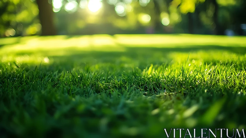 Sunlit Green Grass Closeup with Soft Focus in Natural Park Setting.