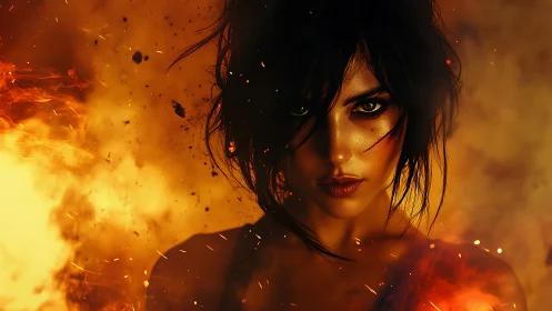 Female portrait rendered with dramatic fire effects and ambient lighting