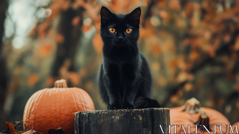 Black Cat with Amber Eyes Perched on Weathered Log
