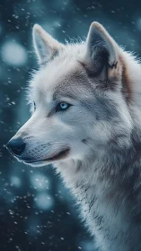 Snowy blue-eyed husky gazing softly into the winter hush.