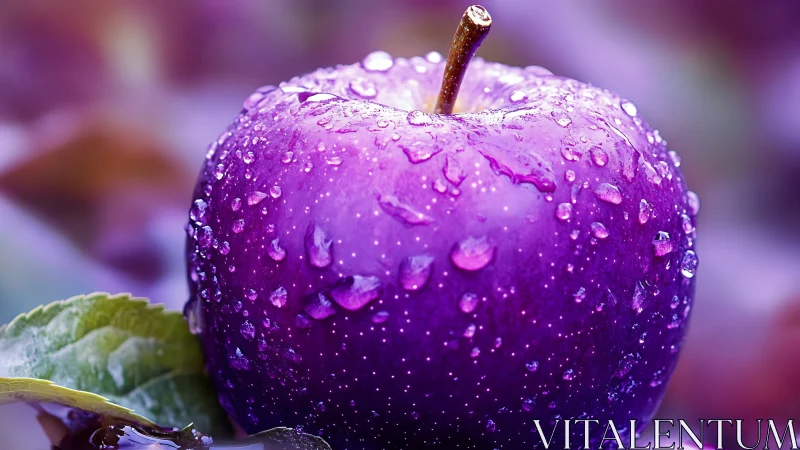 Mystic purple apple glowing with morning dew droplets.