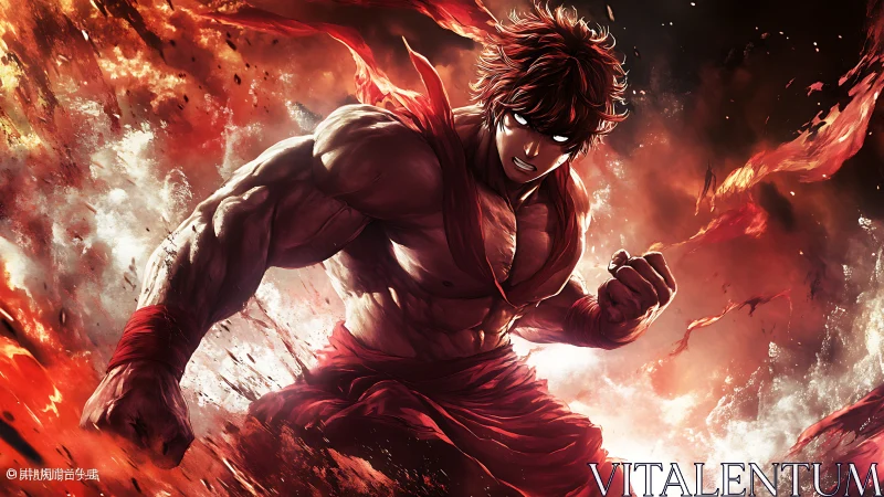 Fierce anime warrior charges through exploding firestorm.