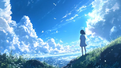Girl on a sunlit cliff gazes into a vast drifting sky