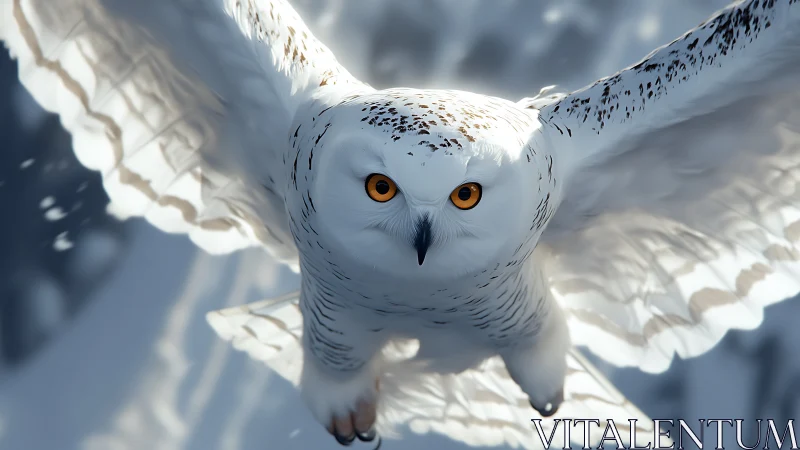 Majestic snowy owl in flight over winter landscape, photorealistic style.