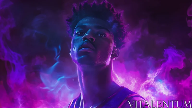 Neon-lit athlete portrait in magenta cyan atmospheric smoke glow