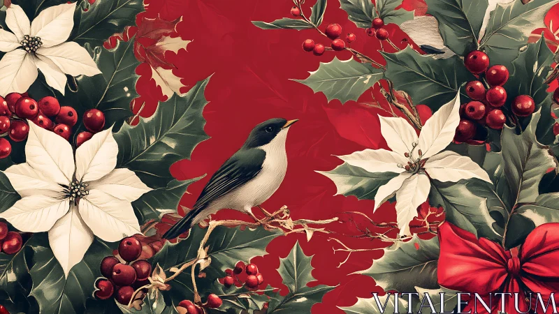Songbird rests amid poinsettias and holly on festive red