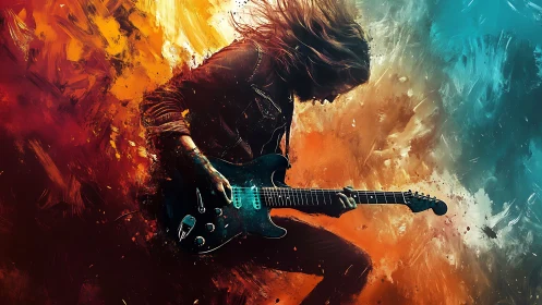 Guitarist lost in color and sound, riding waves of pure energy.