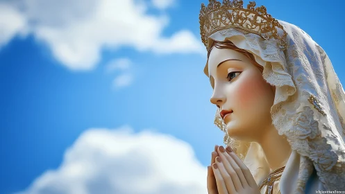 Gentle crowned figure in prayer beneath a bright sky.