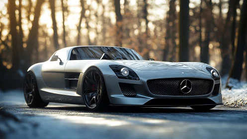 Silver supercar glides through a frosty forest road at dawn