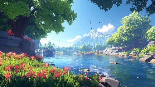 Sunlit river valley under storybook mountains and bloombright trees.