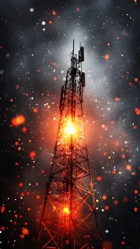 Radio tower under fiery night sky with glowing signals.