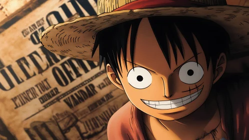 Straw-hatted adventurer grinning beside bold wanted poster.