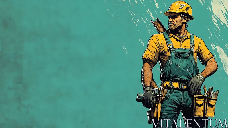 Construction worker illustration in teal negative space layout