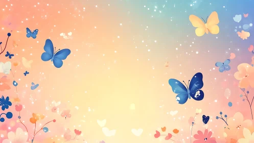 Butterflies in pastel gradient sky with luminous floral field.