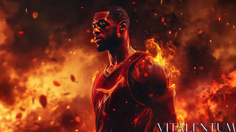 Basketball player in jersey surrounded by intense flames.