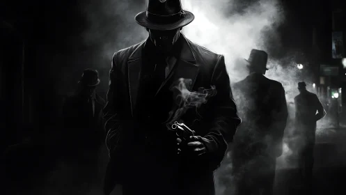 Noir gunman emerges from backlit smoke in high-contrast chiaroscuro
