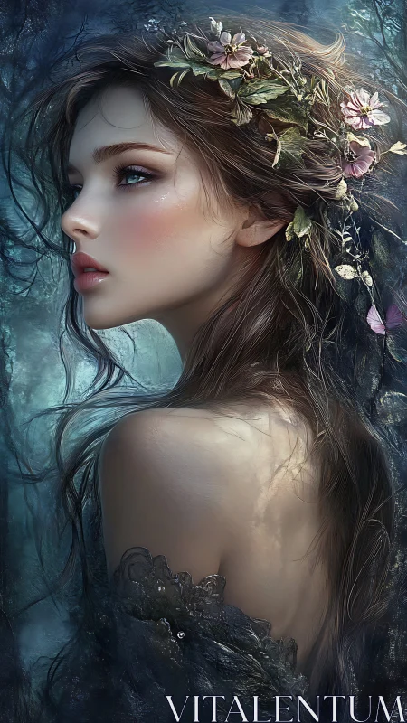 Moonlit forest maiden gazes softly into a dreaming world