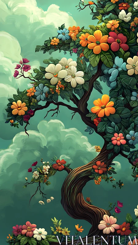 Flowering Tree Against Gradient Sky with Colorful Blooms.