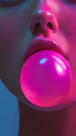 Neon-lit close-up of glossy lips blowing a pink gum bubble