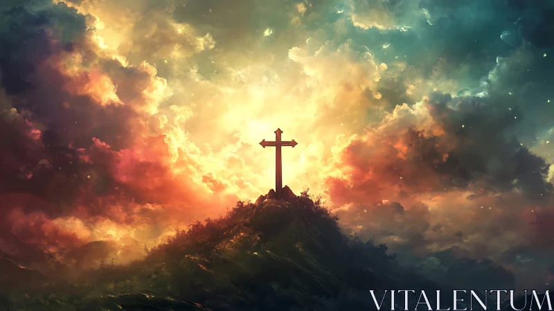 Cross stands on hilltop beneath luminous multicolored sky