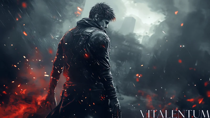 Lone antihero stands amid burning ruins and falling embers.