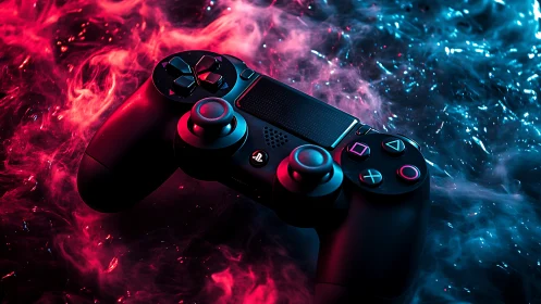 Gaming controller glows in neon smoke and cyberpunk light.