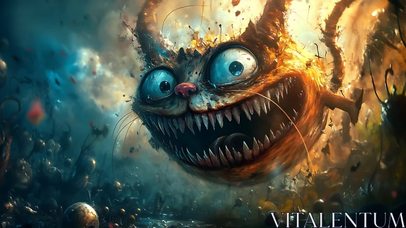 Grinning chaos-orbit cat hurtles through a molten dreamscape