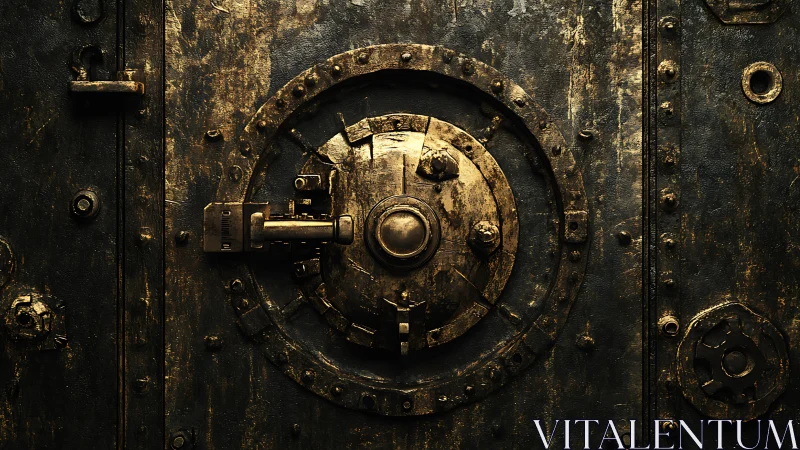Weathered steel vault door with heavy circular lock mechanism.