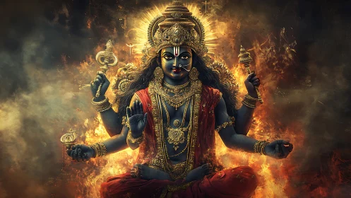 Four-armed blue-skinned deity seated amid intense flames