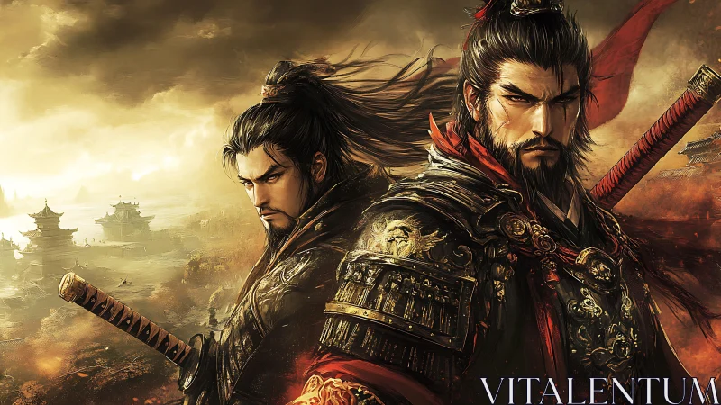 Warrior commanders in ornate armor over burning citadels.